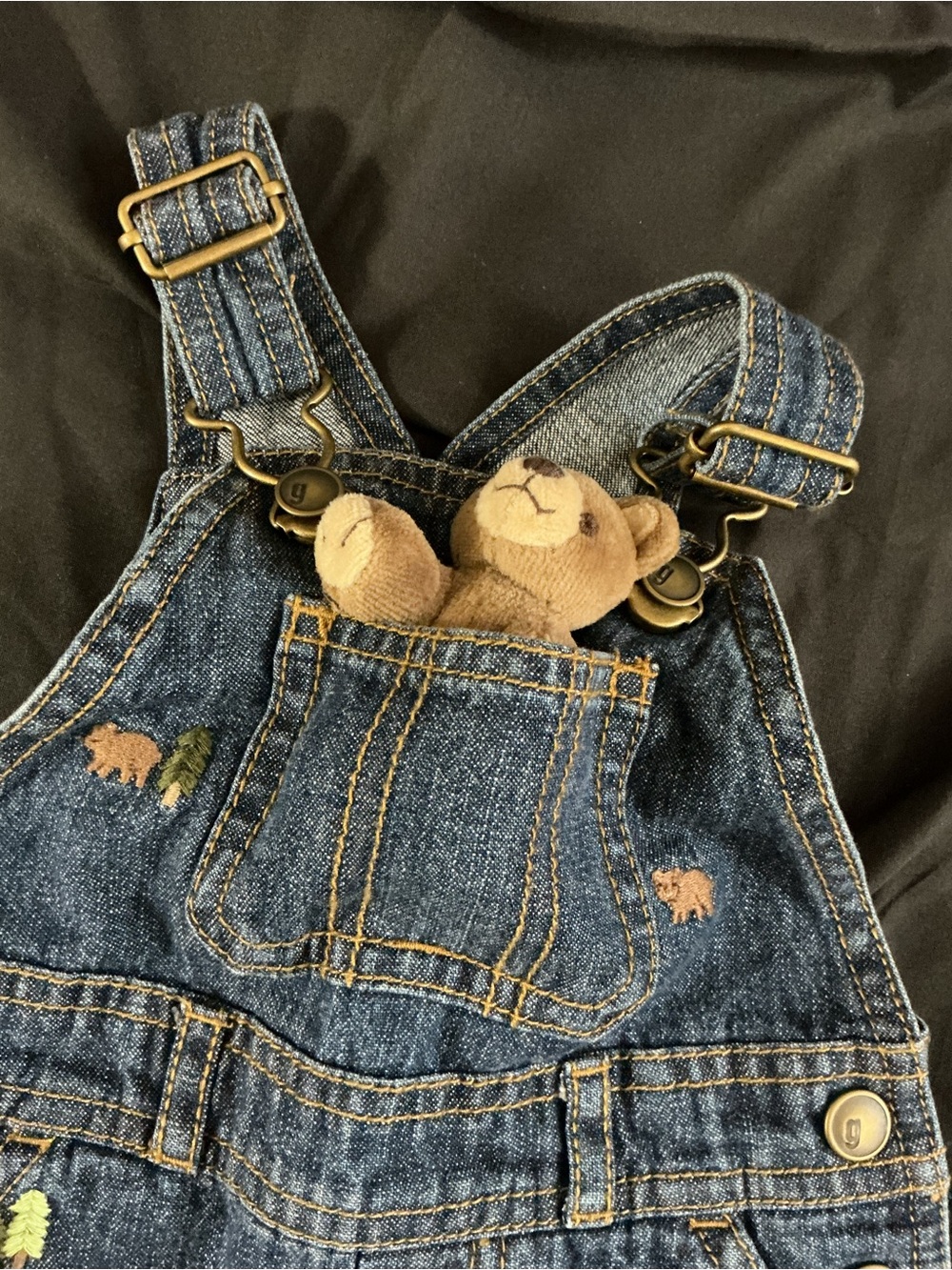 Children's Dark Blue Denim Short Overalls with Forest Embroidery - Picture 8 of 12